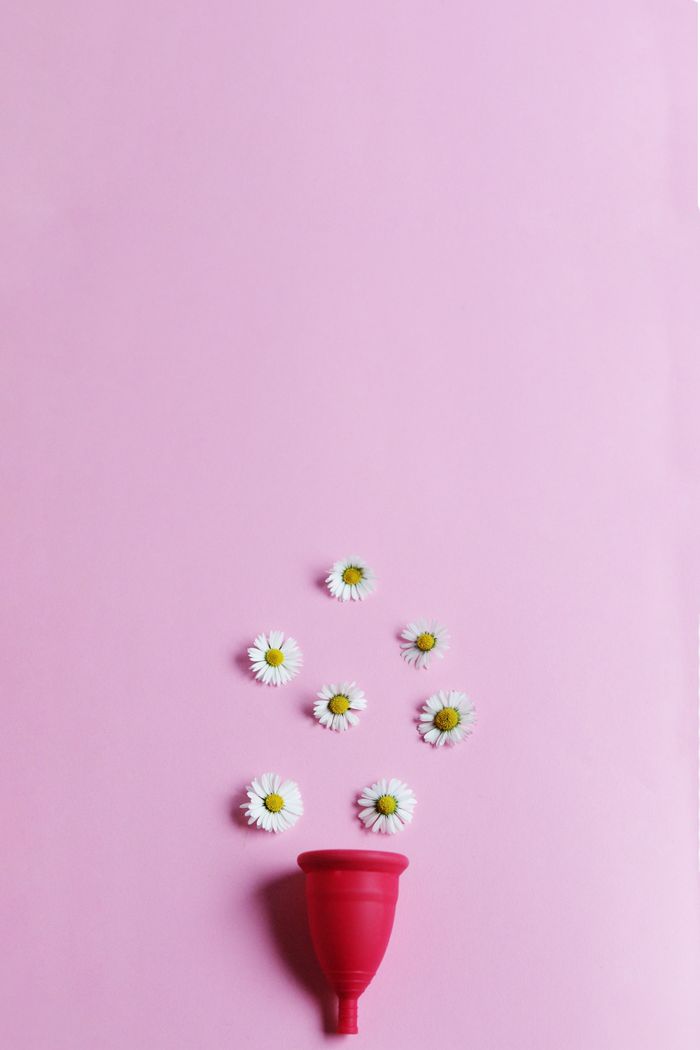 Red menstrual cup with daisies on a pink background, symbolizing feminine hygiene and simplicity.